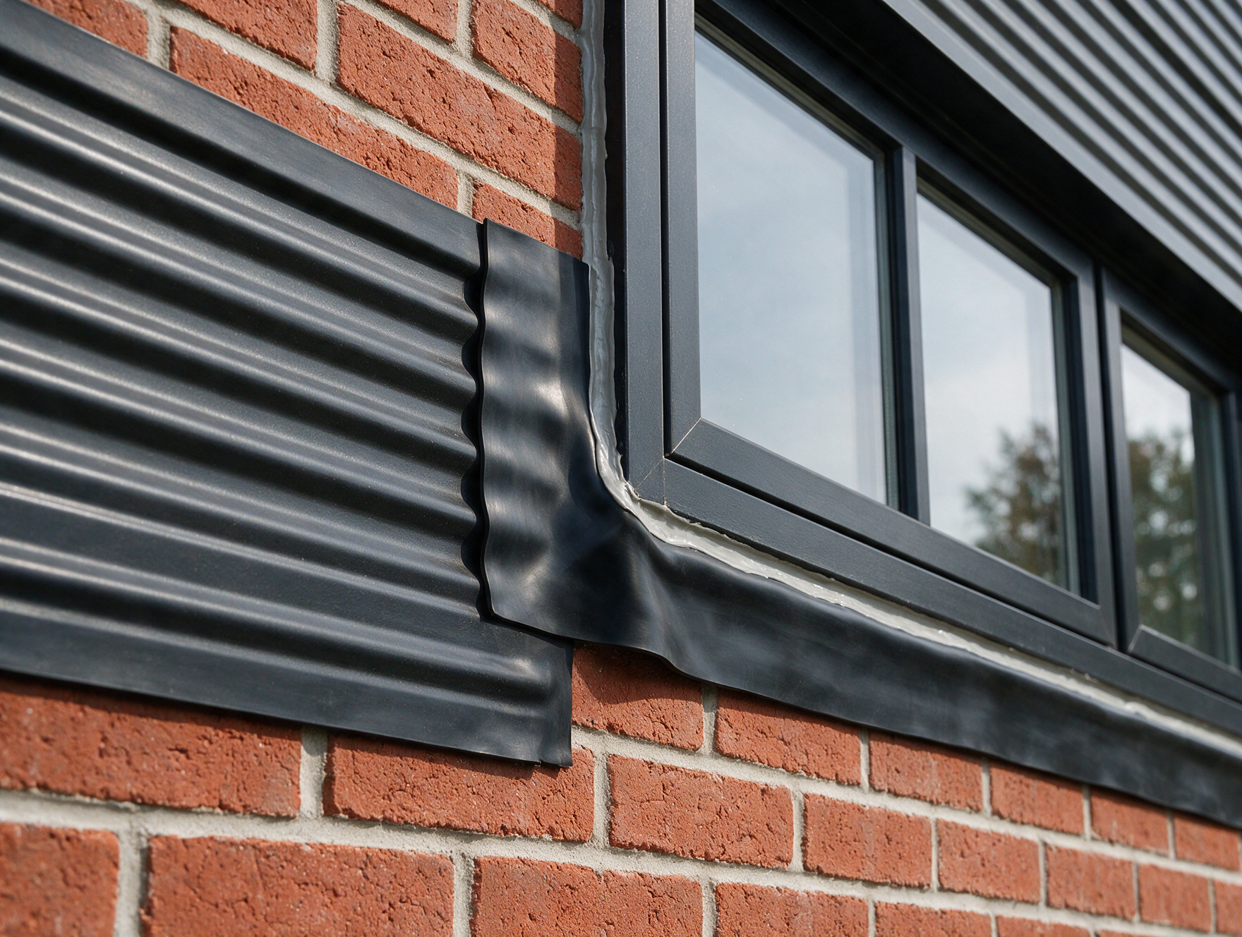 Close-up of a black EPDM rubber strip sealing a facade window and cladding joint against a brick wall