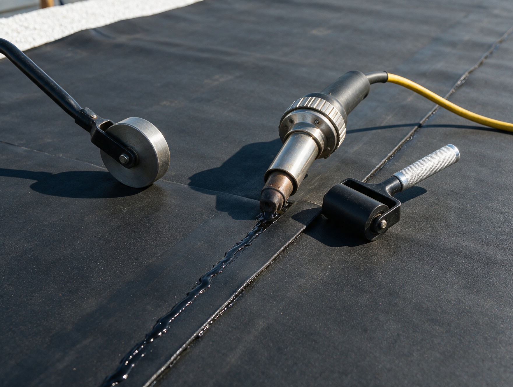 Close-up of a black EPDM rubber roof membrane with a heat-welded seam