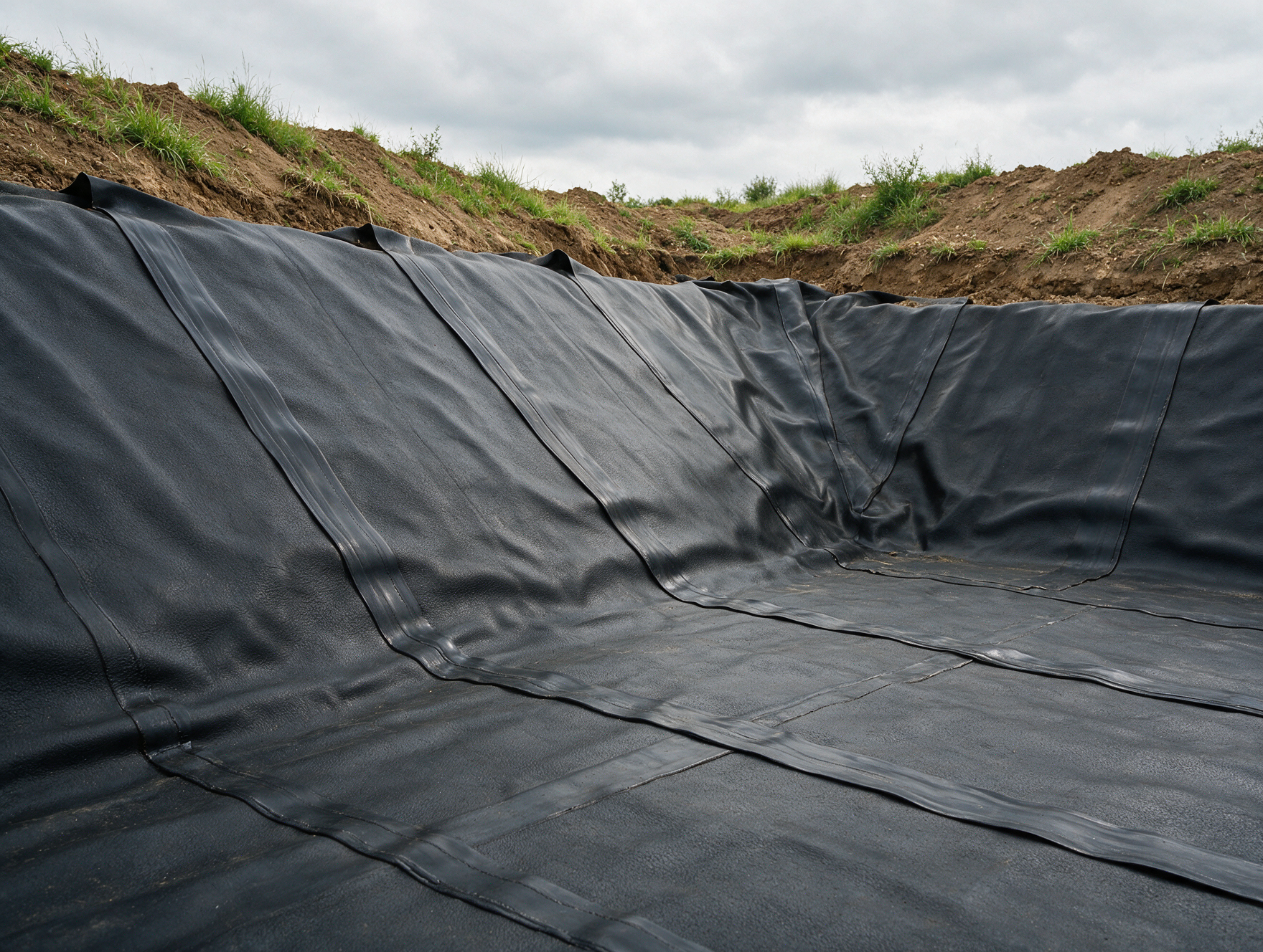 Black EPDM geomembrane liner being installed in a large reservoir, with overlapping welded seams