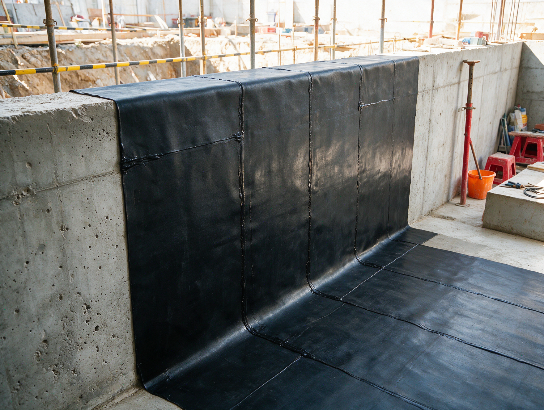 Black EPDM rubber waterproofing membrane being installed on a below-ground basement wall, with heat-welded seams